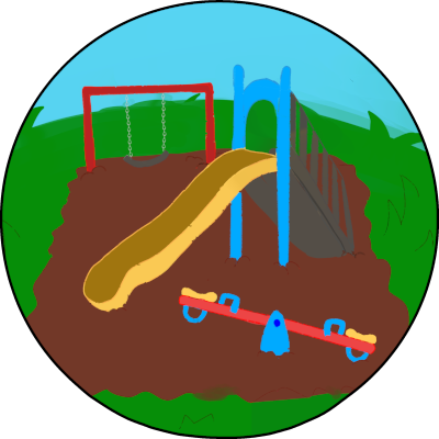  A red swingset, A yellow and blue slide, and a Red, Blue and Yellow see-saw are on brown turf among the grass, the whole scene is inside a circle.
